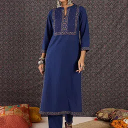 Indo Era Embroidered Notch Neck Thread Work Pure Cotton Kurta With Trousers & Dupatta-image-48
