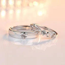 Jewels Galaxy Valentine's Set Of 2 Silver-Plated CZ Studded Adjustable Couple Finger Rings image 5
