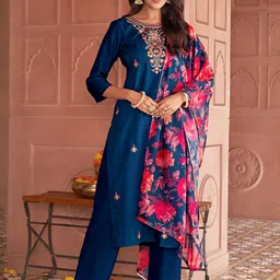 KALINI Women Floral Embroidered Regular Thread Work Kurta with Trousers & With Dupatta-picture-35