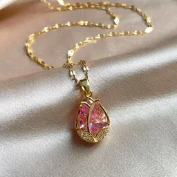 BEYTER Stainless Steel Cubic Zirconia Stone Studded Oval Shaped Pendant With Chain-image-1