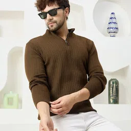 houseofcommon Men Solid High Neck Brown Sweater-picture-24
