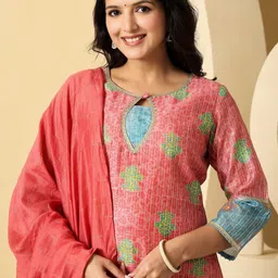 SUAAC Ethnic Motifs Printed Chanderi Silk Kurta With Trouser & Dupatta-picture-29