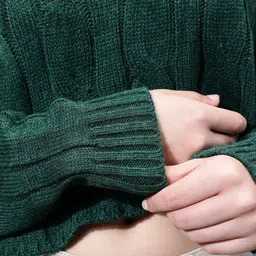 glitchez Cable Knit Contrast Neckline High-Low Crop Pullover image 2