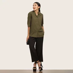 Saltpetre Band Collar Roll-Up Sleeves Organic Cotton Shirt With Trousers-picture-40