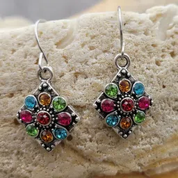 Young & Forever Set Of 3 Brass-Plated Stones Studded Oxidised Diamond Shaped Drop Earrings image 5