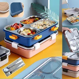 globltrader Stainless Steel 4 Compartment Lunch Box with Spoon Fork On-The-Go Meal BPA-Free 4 Containers Lunch Box image 4