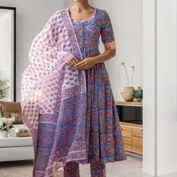 Anni Designer Floral Printed Round Neck Anarkali Kurta With Trousers & Dupatta image 2