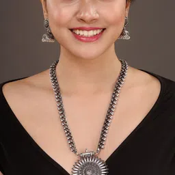 Saraf RS Jewellery Silver-Plated Solar Design Oxidised Necklace With Jhumki Jewellery Set image 2