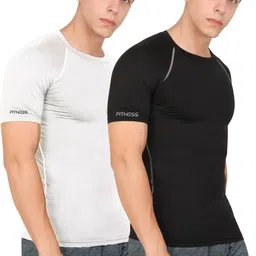kyk Pack of 2 Men Solid Round Neck Polyester White, Black T-Shirt image 1