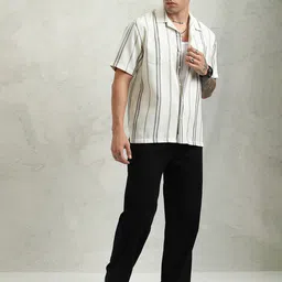 HIGHLANDER Men Cuban Collar Vertical Striped Cotton Relaxed Fit Casual Shirt-picture-13