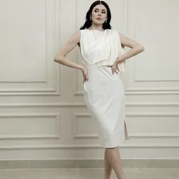 Athena Women Solid Cream Boat Neck Sheath Midi Dress-image-76