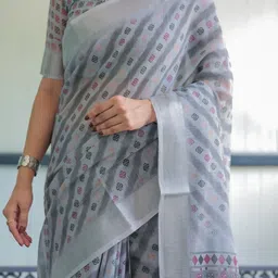 MAHARANI COUTURE Ethnic Motifs Printed Woven Design Border Pure Linen Banarasi Saree image 3