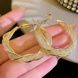 PolluxCraft Gold-Plated Artificial Stones Studded Contemporary Korean Hoop Earrings image 4