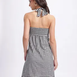 glitchez Checked Smocked Tie-Up Detail Backless A-Line Dress with Side Slit image 5