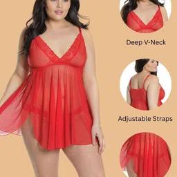 ZERJAMA Women Sheer All-Over Lace Baby Doll With Matching Lace Panty image 2