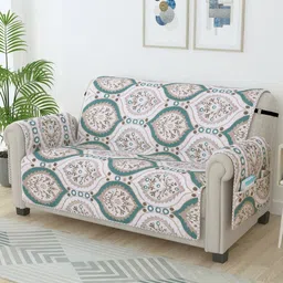 Story@home Cream-Coloured & Green Printed Microfiber 2 Seater Sofa Cover With Arms-image-45