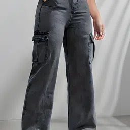 Glossia Nova Women Comfort Wide Leg High-Rise Acid Wash Stretchable Cargo Jeans-image-16