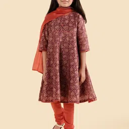 Fabindia Girls Floral Printed Panelled Kurta with Churidar & With Dupatta-picture-35