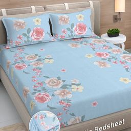 Myntra Elegant Homes Blue & Pink Floral 300 TC Fitted Double King Bedsheet Set-2.5mX2.25m-picture-36