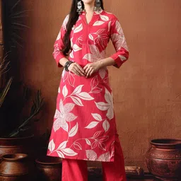 TRUVON FASHIONS Women Floral Printed Regular Pure Cotton Kurta with Trousers-image-49