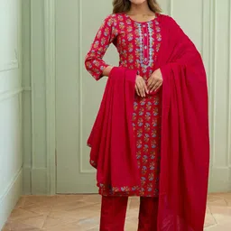 SKYLEE Women Ethnic Motifs Printed Straight Kurta with Trousers & Dupatta image 4