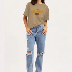 CLAFOUTIS Women Typography Printed Drop-Shoulder Sleeves Applique T-shirt image 4