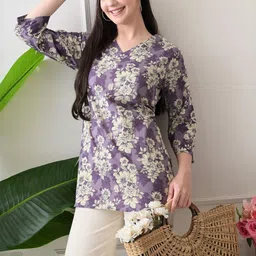 ANUKRITIBYNIDHIFASHION Women Floral Printed V-Neck Pure Cotton Straight Short Kurti-image-62