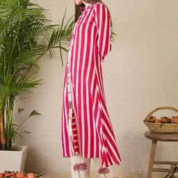 Indo Era Printed Mandarin Collar A-Line Pure Cotton Tunic with Trousers image 5