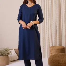 Indo Era Floral Yoke Design V-Neck Sequinned Straight Kurta & Trousers-picture-13