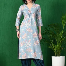 Sangria Floral Printed V-Neck Pleated A-Line Straight Kurta With Salwar-image-8