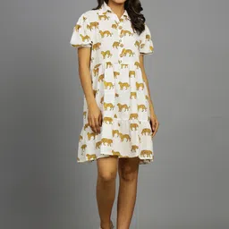 Ravaiyaa Animal Printed Puff Sleeves Cotton A-Line Mini Dress-picture-25