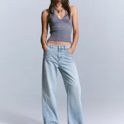 Bershka Women Wide Leg Mid-Rise Light Fade Cotton Jeans-image-17
