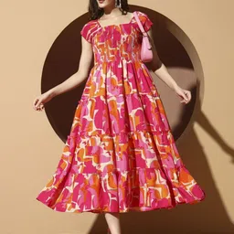 ZWERLON Women Abstract Printed Puff Sleeve Smocked Tiered Fit & Flare Midi Dress image 2