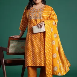 Indo Era Plus Size Leheriya Print Kurta with Palazzos & Dupatta image 5