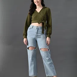 DressBerry Women Ribbed Shirt Collar Wrap Crop Top image 1