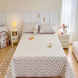 JC HOME White & Pink Floral Printed Pure Cotton Single Bed Cover With 2 Pillow Covers-image-50