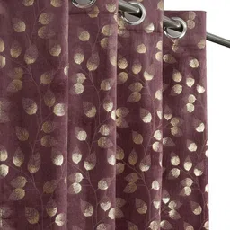 GEET CREATIONS Violet & Gold-Toned Floral Printed Room Darkening Velvet Window Curtain image 2