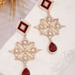 KARATCART Gold-Plated Carved Kundan Stone Studded Floral Drop Earrings-picture-7