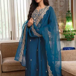 Moda Rapido Women Ethnic Motifs Embroidered Kurta with Trousers & With Dupatta image 2