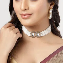 Sukkhi Gold-Plated Crystal Studded & Pearls-Beaded Multistrand Choker Necklace & Earrings image 3