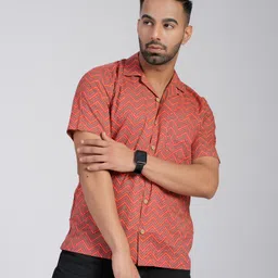 Cotton Curio Men Comfort Fit Cuban Collar Chevron Striped Cotton Casual Shirt-image-39