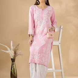Club Loom Floral Embroidered Thread Work Chikankari Round Neck Cotton Straight Kurta-picture-24