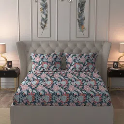 MYTRIDENT Grey & Red Floral Cotton 144 TC Fitted Double King Bedsheet Set-1.8mx1.98m image 3