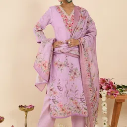 Indo Era Women Floral Printed Regular Thread Work Linen Kurta with Trousers & With Dupatta-image-88