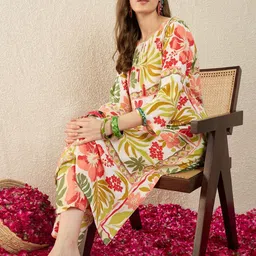 Indo Era Printed Round Neck Three-Quarter Sleeves Top With Trousers-picture-33