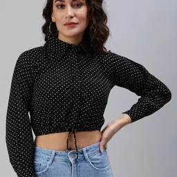 SHOWOFFFF Polka Dot Print Crepe Cinched Waist Crop Top image 3