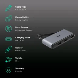 Philips 5-in-1 USB 3.1 Type C to USB 3.0 Type A, USB 3.0 Type C, HDMI Type A USB Hub (5 Gbps Data Transfer Rate, Grey) image 2