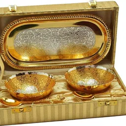Golden 2 Bowl With 2 Spoon & 1 Tray | For Wedding Return Gifts, Home Bowl Serving Set-image-6