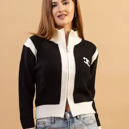 GFO Women Colourblocked High Neck Woollen Zipper Cardigan Sweaters-picture-33