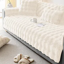 DREAM CARE Cream-Coloured & Cream-Coloured Polyester 3 Piece Sofa Cover With Arms image 3